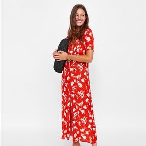 Zara Red White Bohemian Floral Print Maxi Dress